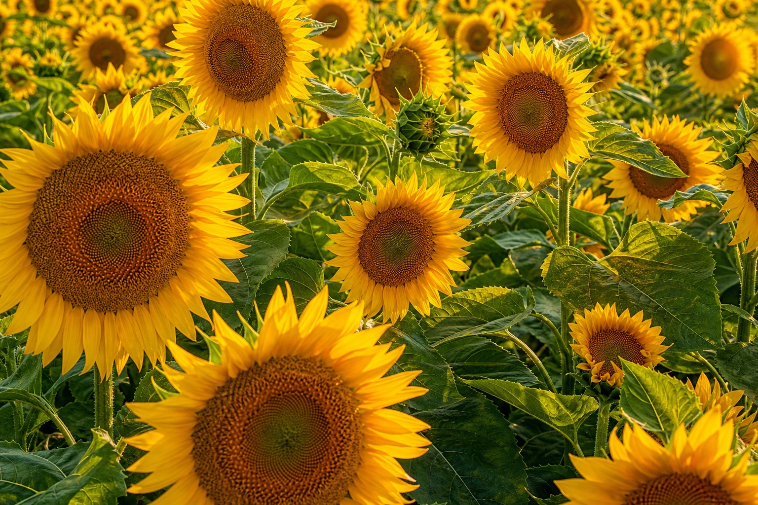 Bright sunflowers blooming across a golden field under warm summer light