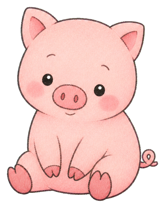 Cute peach pig sitting with a round face, small ears, and a curled tail.
