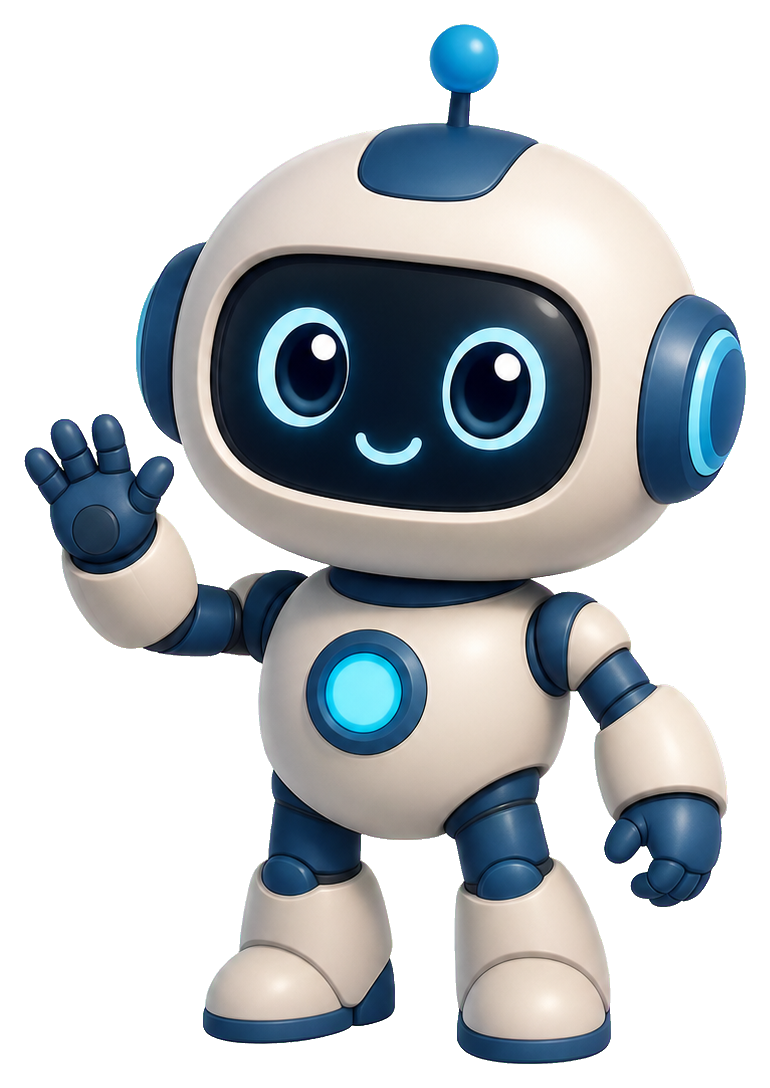 Cute friendly robot waving with glowing blue eyes and blue accents