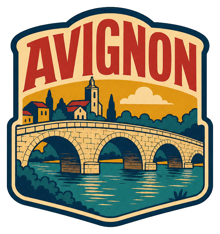 Illustrated Avignon bridge arch with bold Avignon text and a retro France design