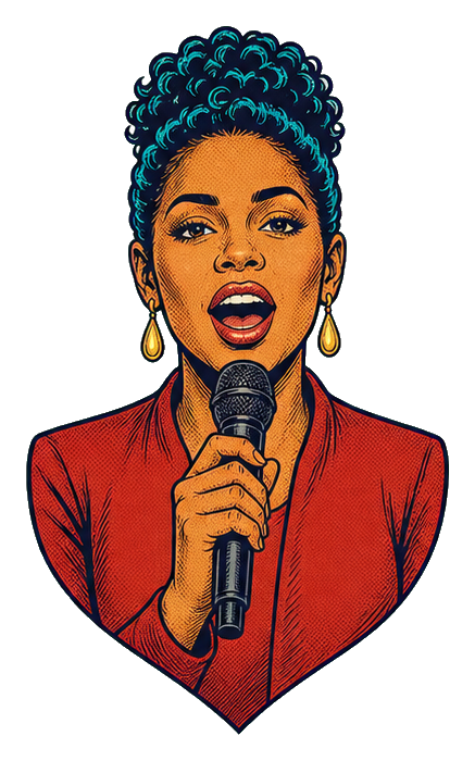 Woman with cyan curly updo singing into a handheld microphone