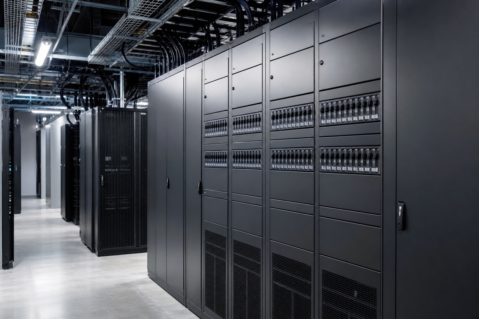 Rows of dark server racks in a modern data center corridor