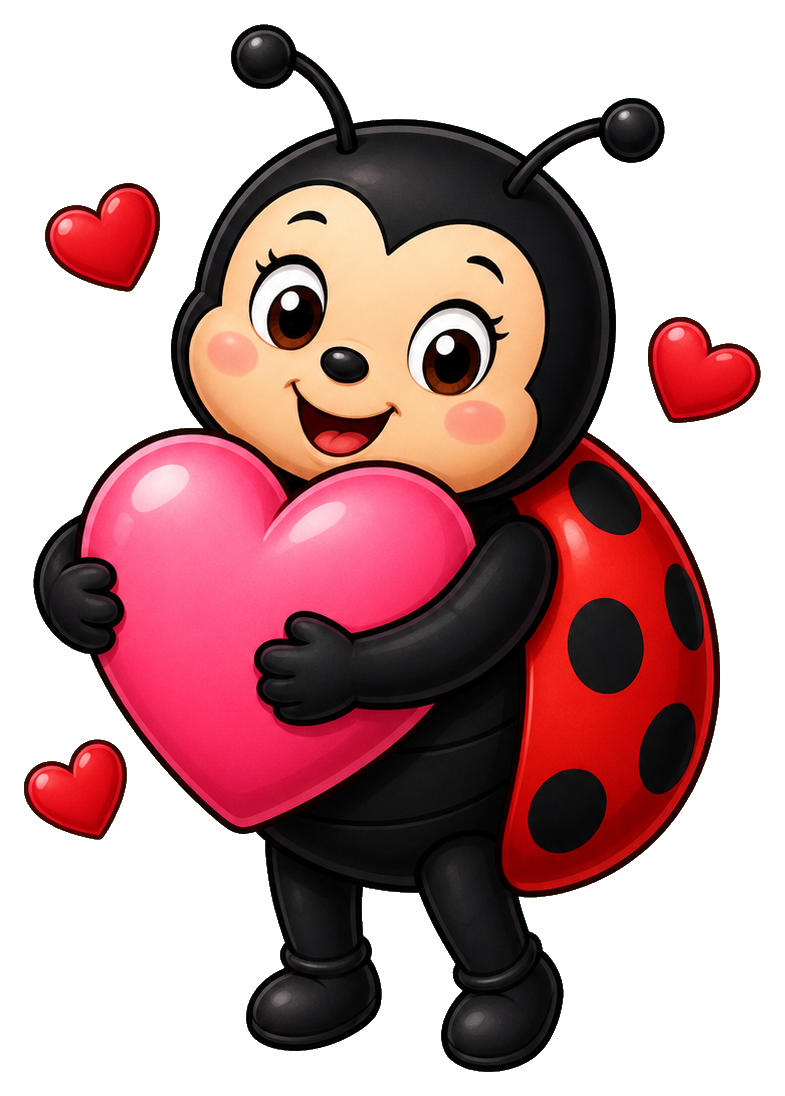 Cute cartoon ladybug hugging a pink heart with small red hearts around it