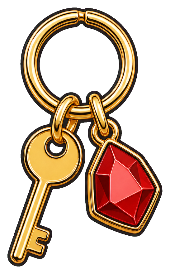 Gold keyring with a key and red gemstone charm on a black background