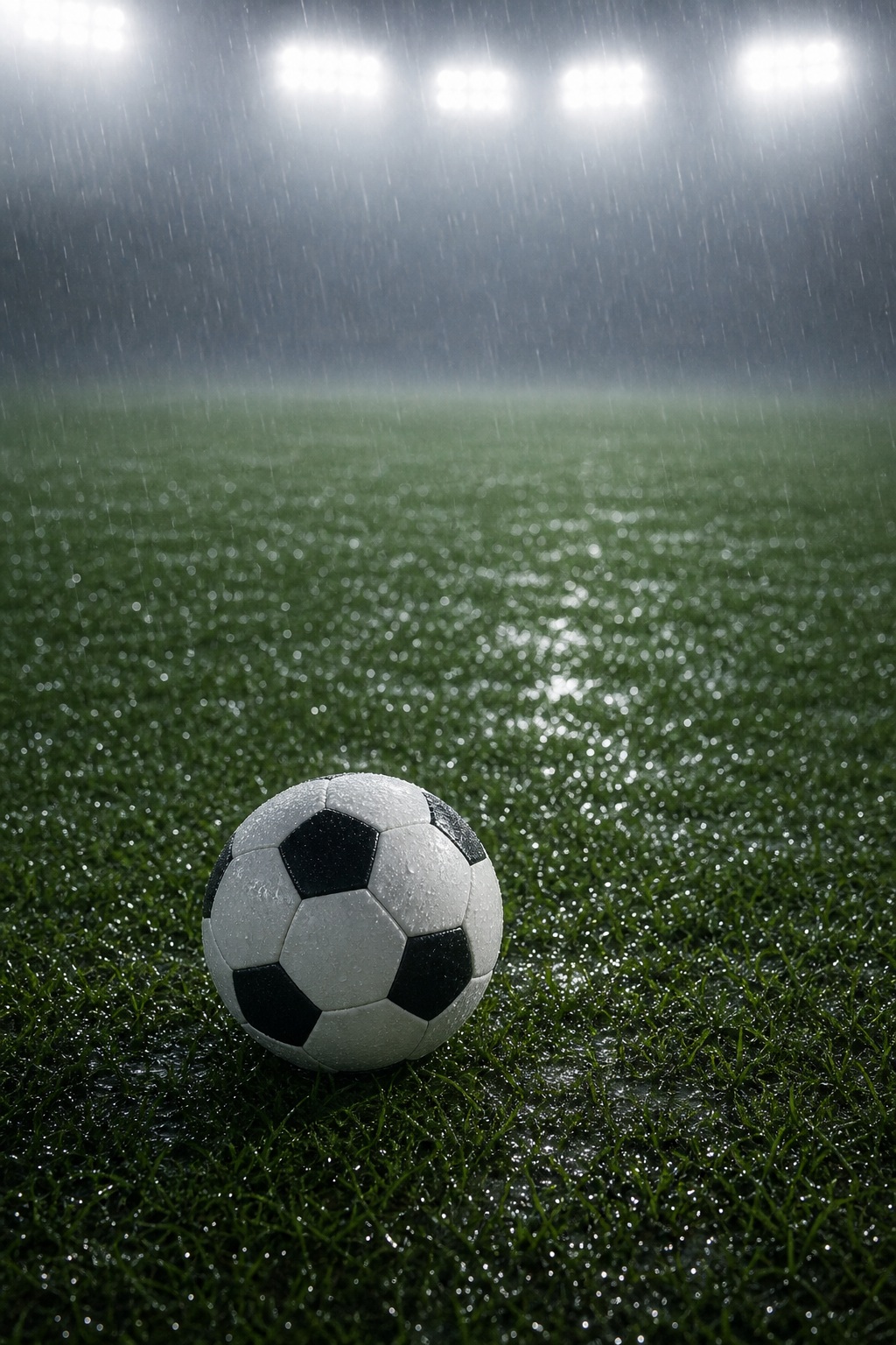 Soccer ball on wet turf under bright stadium lights in the rain