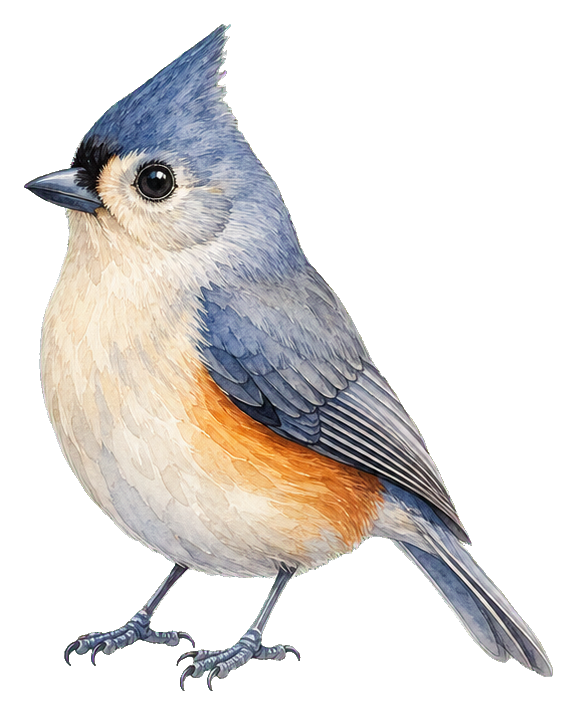 Watercolor tufted titmouse bird standing in profile with soft blue, gray, and orange tones.