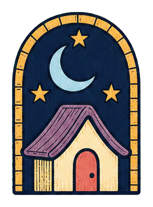 A crescent moon and stars above a small cottage inside an arched frame.