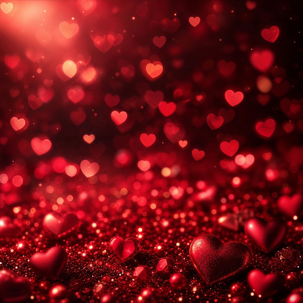 Red heart-shaped bokeh lights with glowing hearts on a dark romantic background.