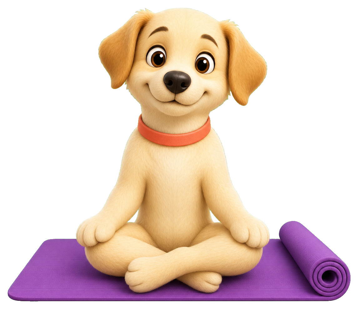 Cute puppy sitting on a purple yoga mat in a calm meditation pose