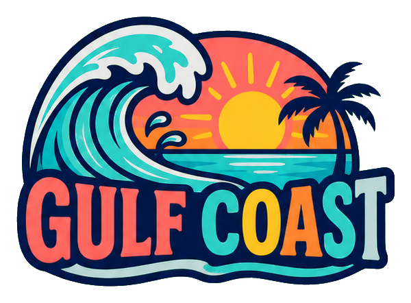 Retro Gulf Coast text sticker with sunset, wave, and palm trees.