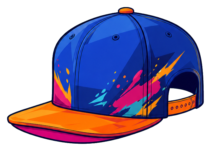 Colorful flat brim cap in blue, orange, and pink colorblock style
