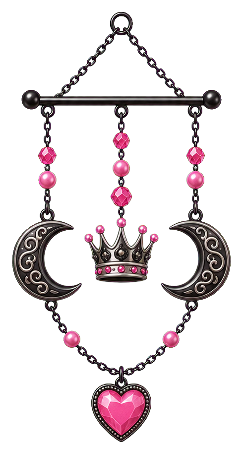 Pink charm mobile with crescent moons, crown, heart, and bead strands