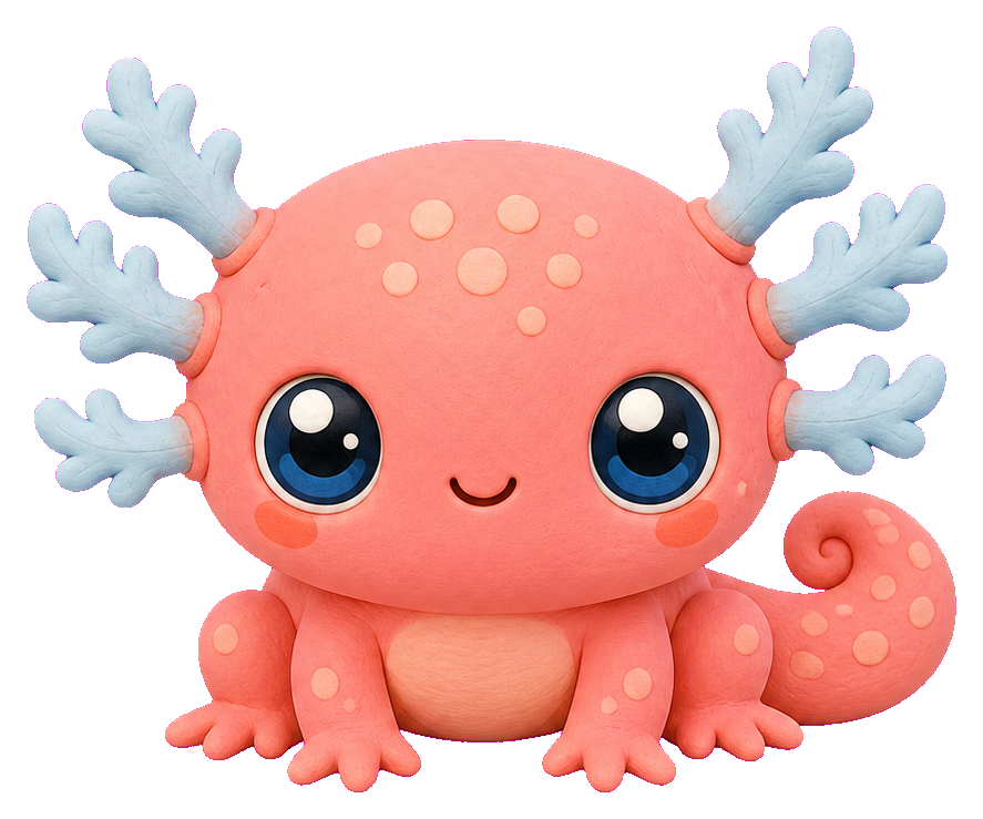 Cute coral alien with big blue eyes, small antlers, and a curled tail