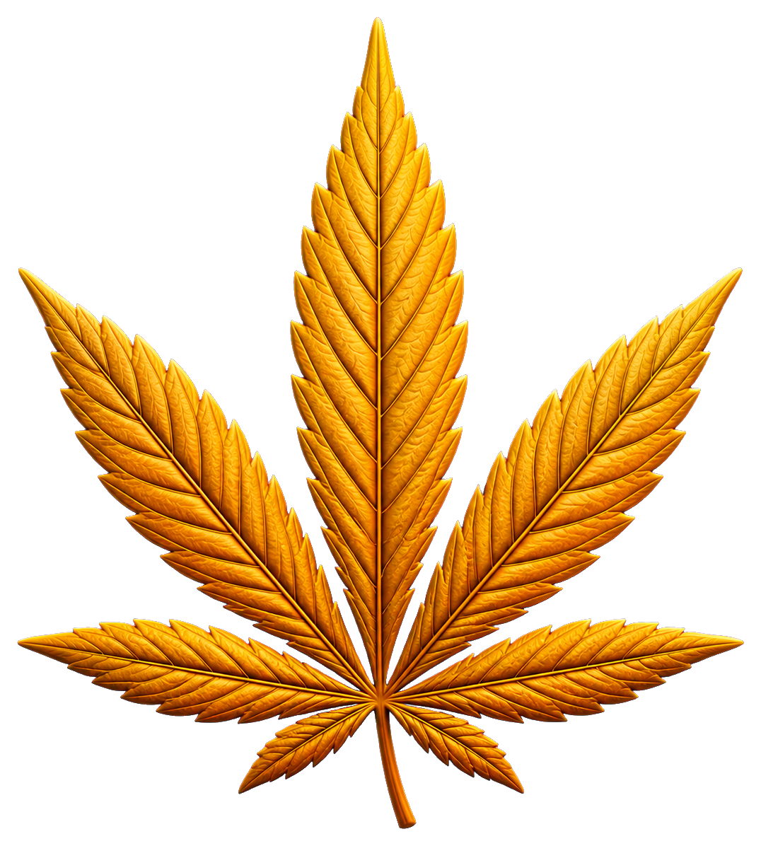Golden cannabis leaf with five pointed leaves and detailed veins