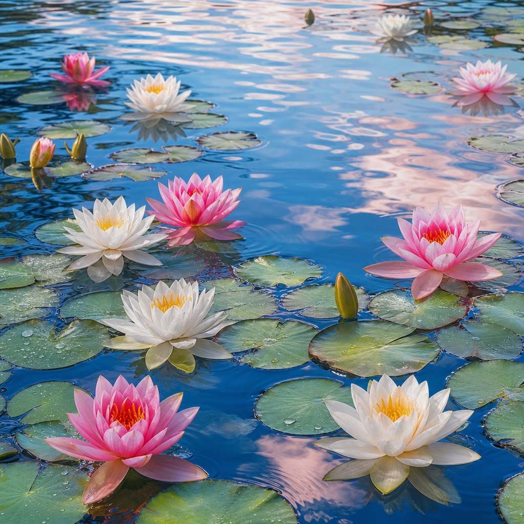Pink and white water lilies floating among green lily pads on a calm pond