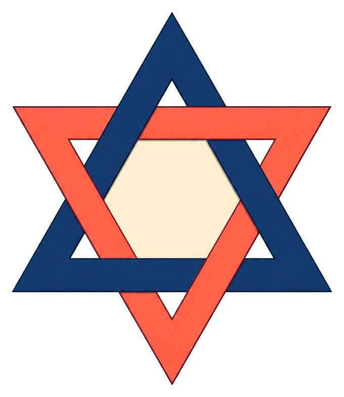 Layered paper Star of David in blue and coral with a cream center.