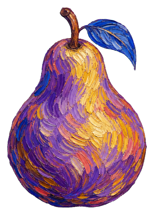 A painterly violet pear with a blue leaf and golden brushstroke details.