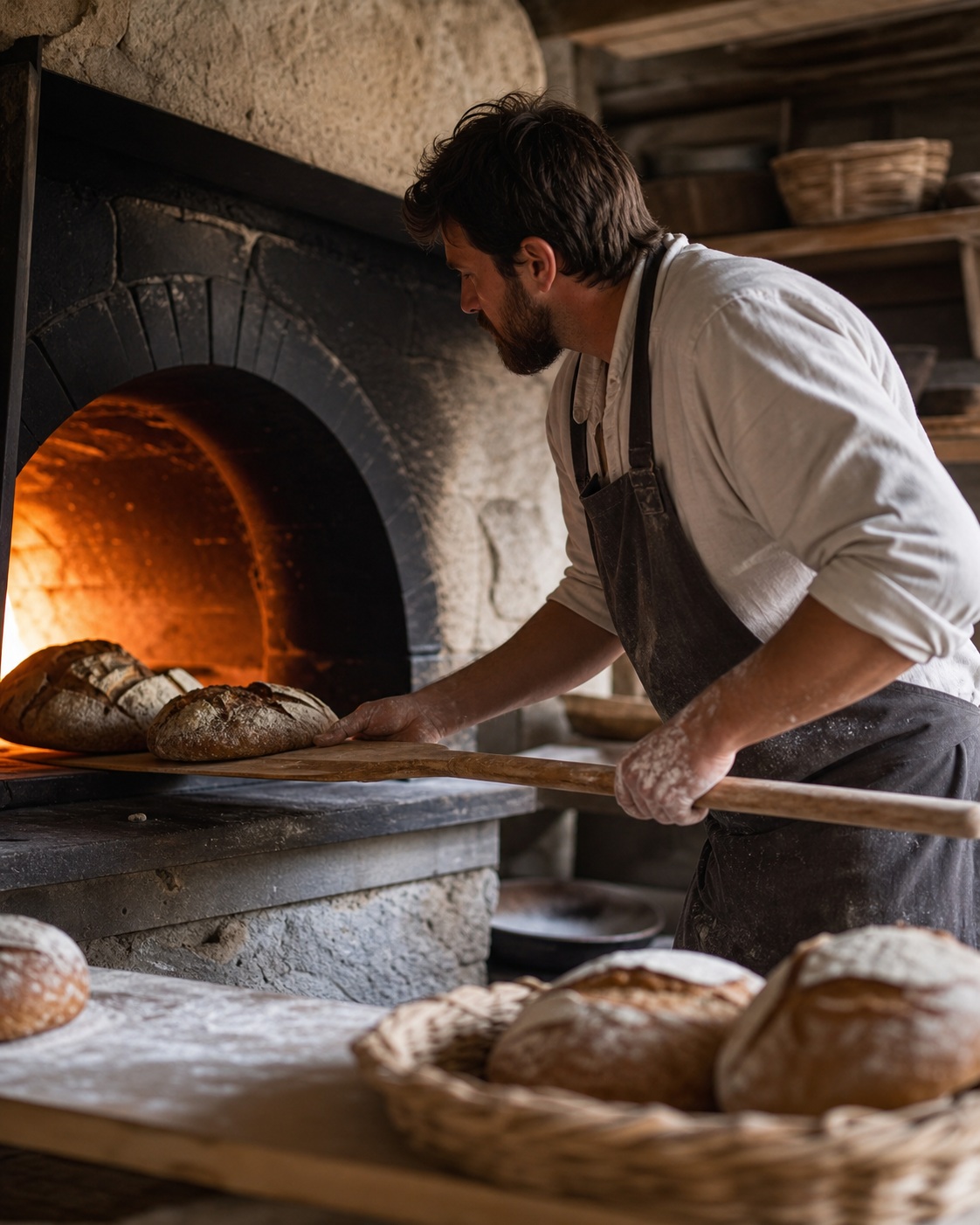 Baker tending a glowing wood-fired oven with loaves of bread in the foreground.