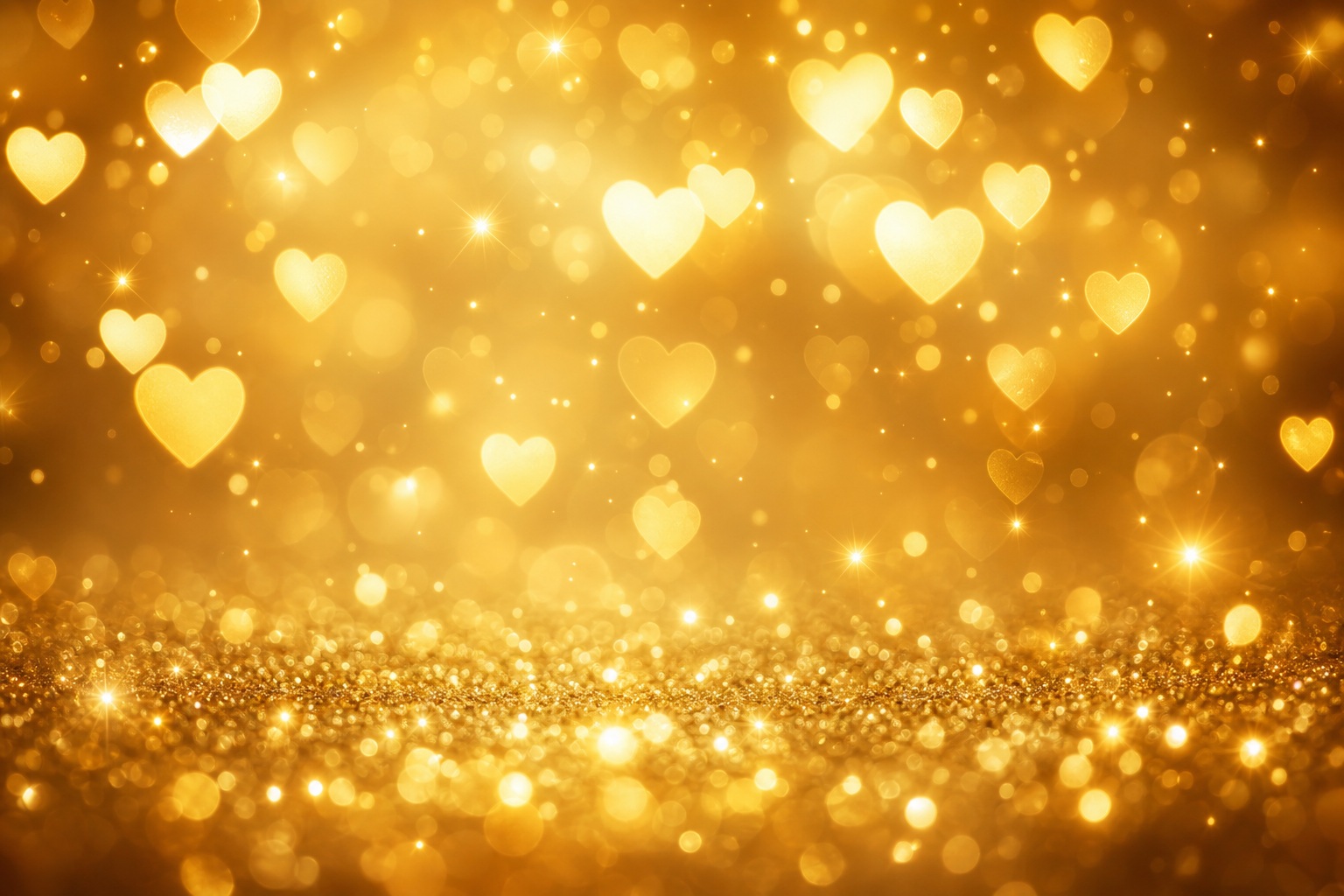 Golden heart-shaped bokeh lights glowing over a soft romantic background