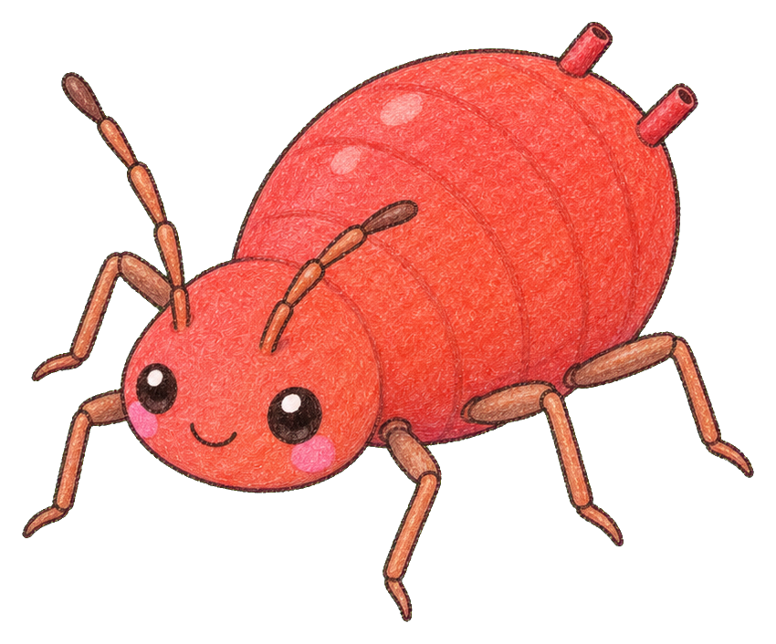 Cute red aphid sticker with big eyes, antennae, and small legs.