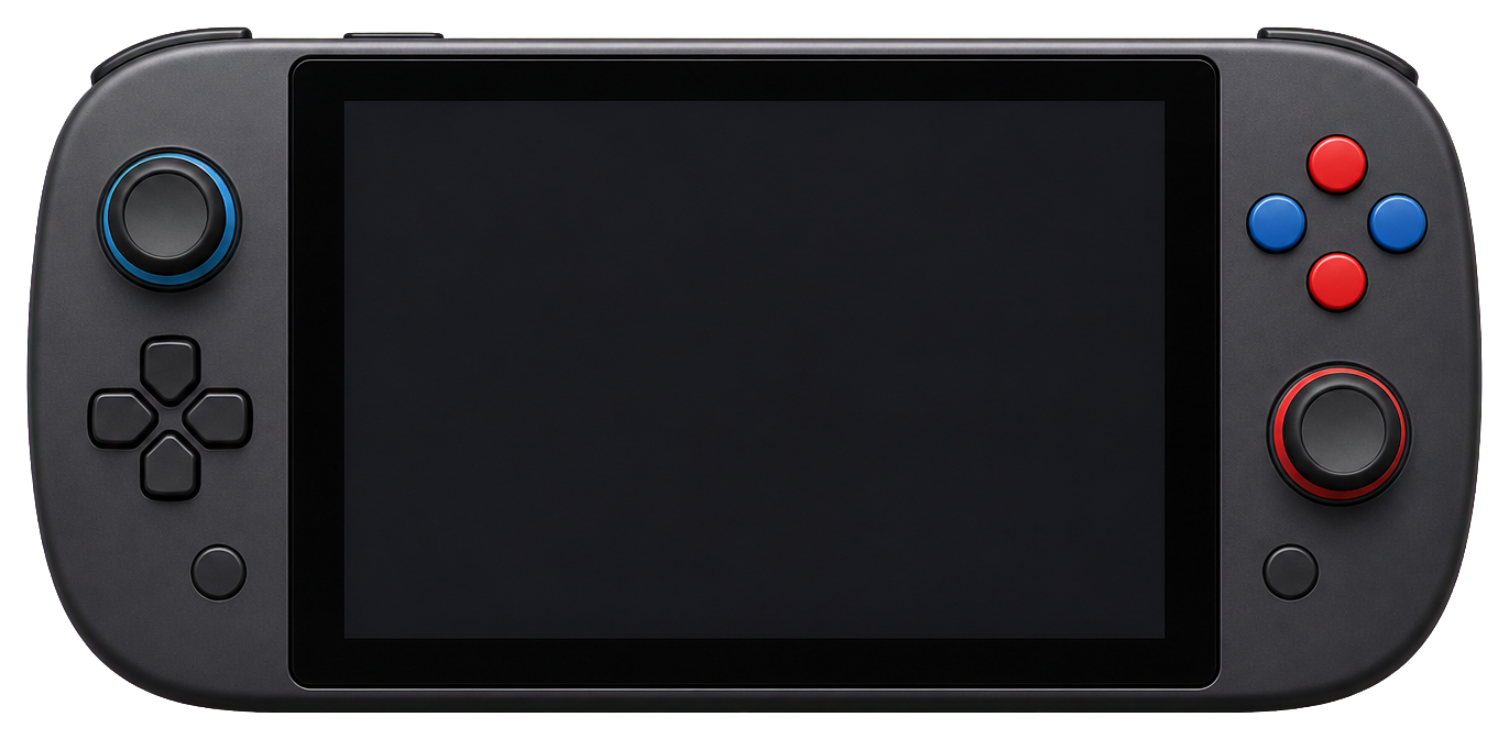 Blank portable game console with directional pad and colored buttons on a dark background.