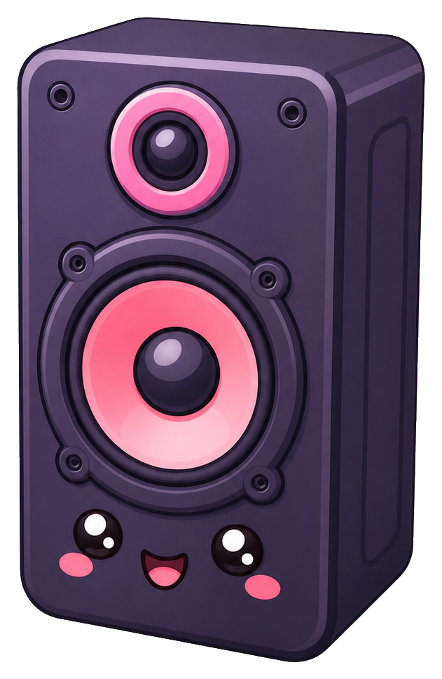 Purple speaker with pink cones and a cute face graphic