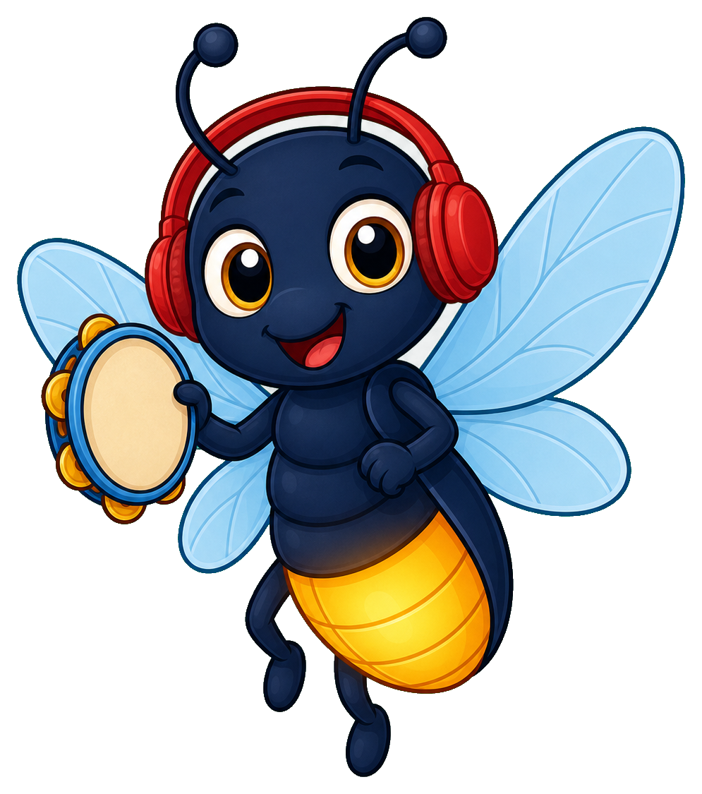Cartoon firefly with red headphones, blue wings, and a glowing yellow tail holding a tambourine.