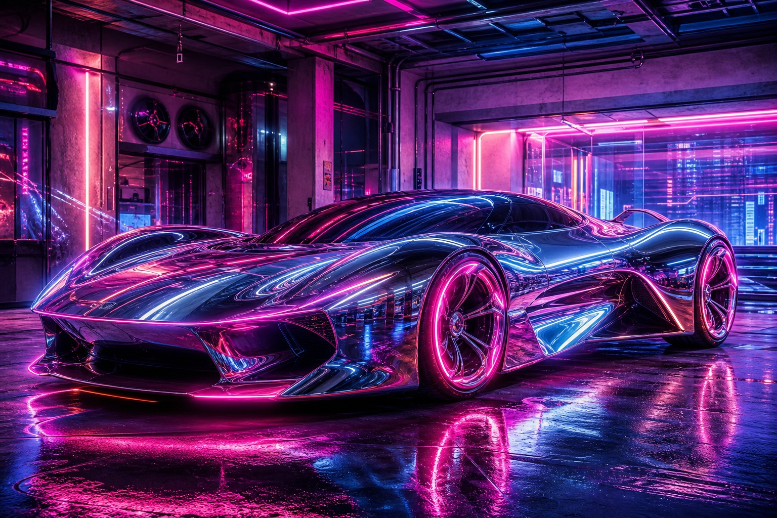 Futuristic chrome concept car glowing in a neon-lit garage