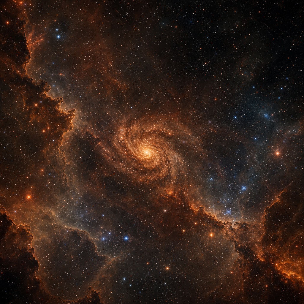 Square copper-toned galaxy nebula with a bright spiral core and scattered stars.