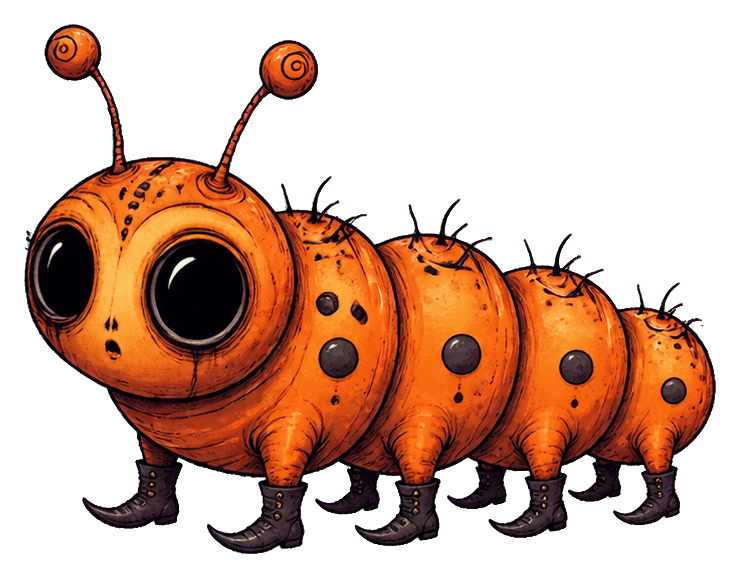 Orange lopsided caterpillar alien with big black eyes and tiny legs