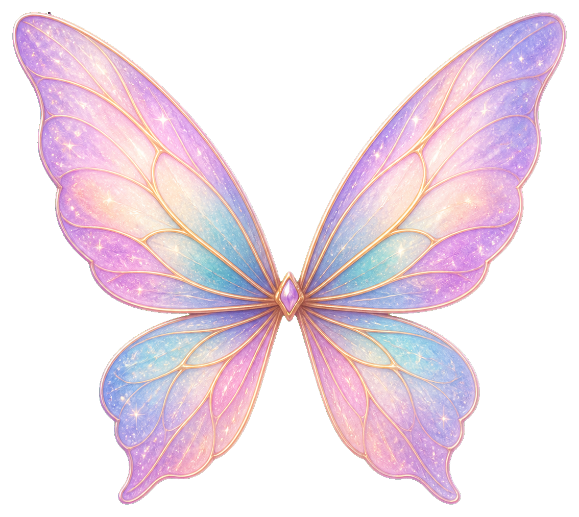 A pastel pink and blue pair of fairy wings with a soft magical glow.
