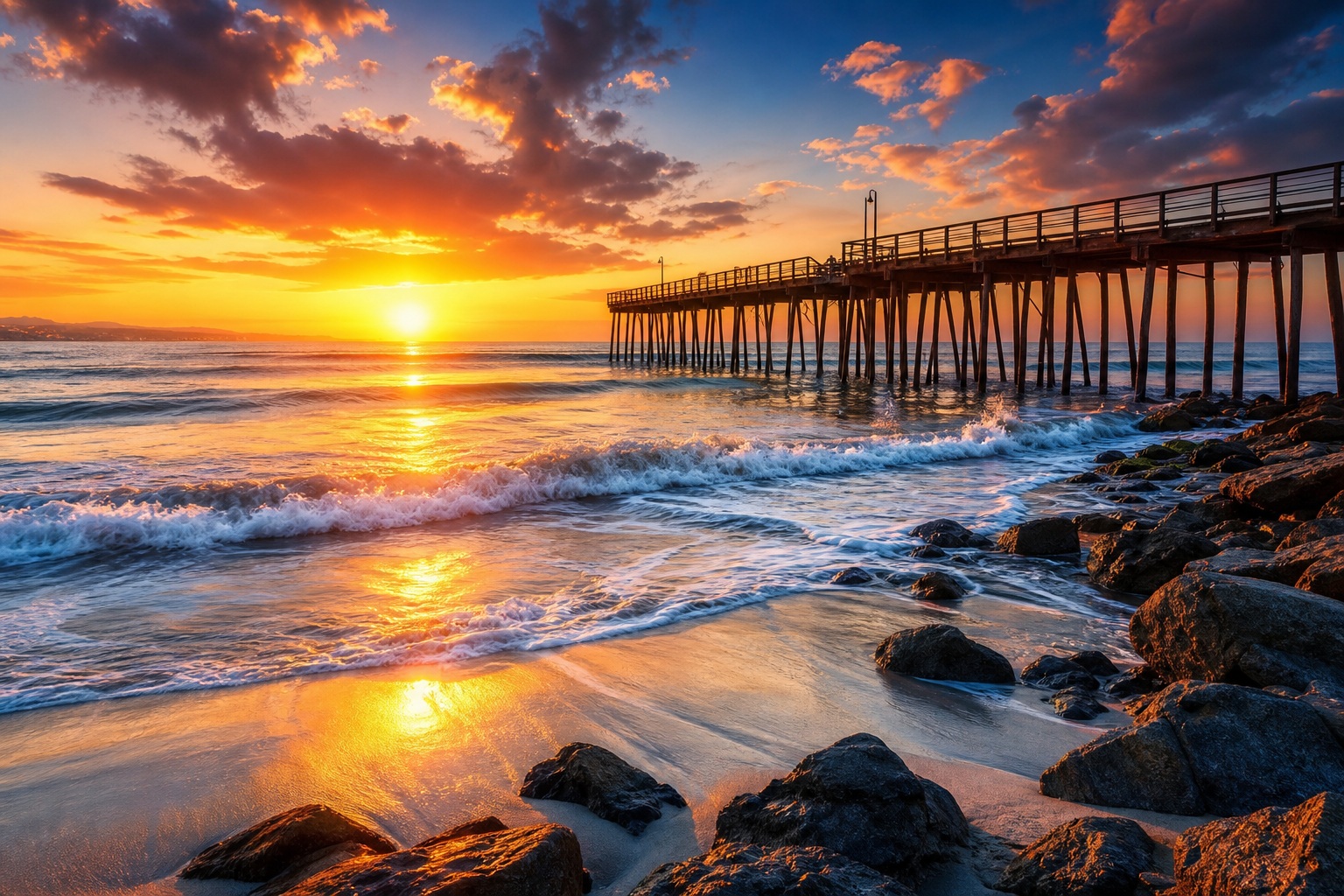 Sunrise over the ocean beside a pier and rocky shoreline