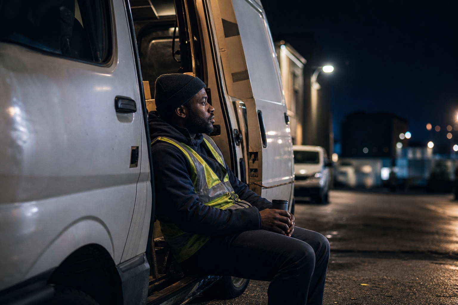 Truck driver sitting beside a white truck at night on a dimly lit street.