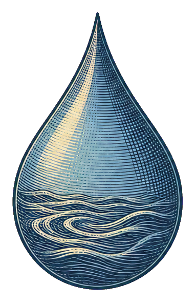 Blue vintage engraved water droplet with layered wave lines inside