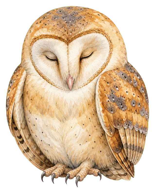Watercolor illustration of a sleeping owl with closed eyes and folded wings.