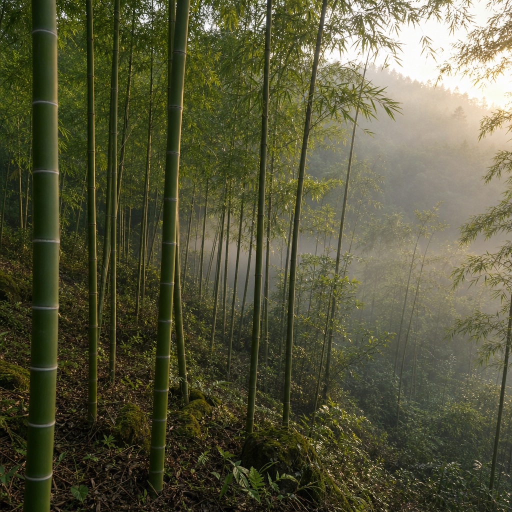 Tall bamboo stalks on a misty hillside forest at dawn