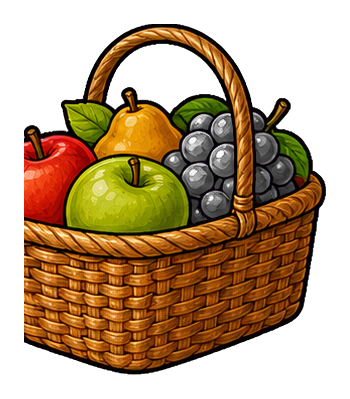 A wicker basket tote filled with apples, pears, grapes, and cherries