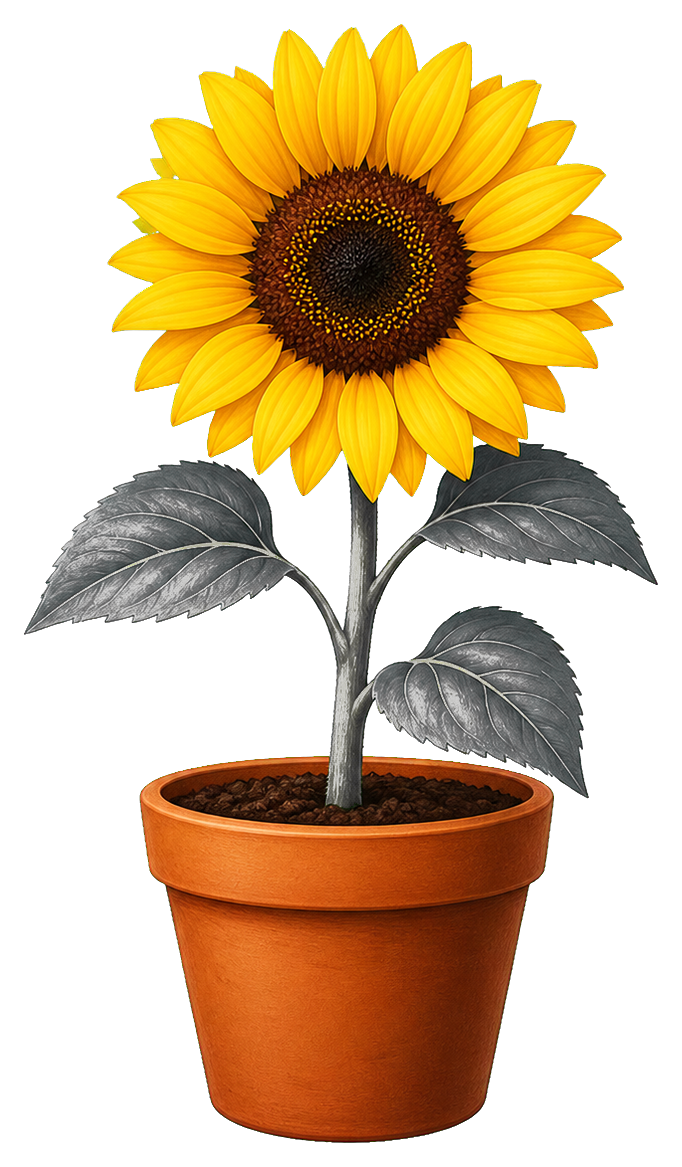 A bright sunflower growing in a terracotta pot with green leaves.