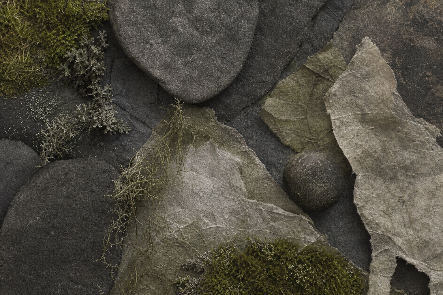 Moss-covered stones and torn paper-like textures in a muted still life composition