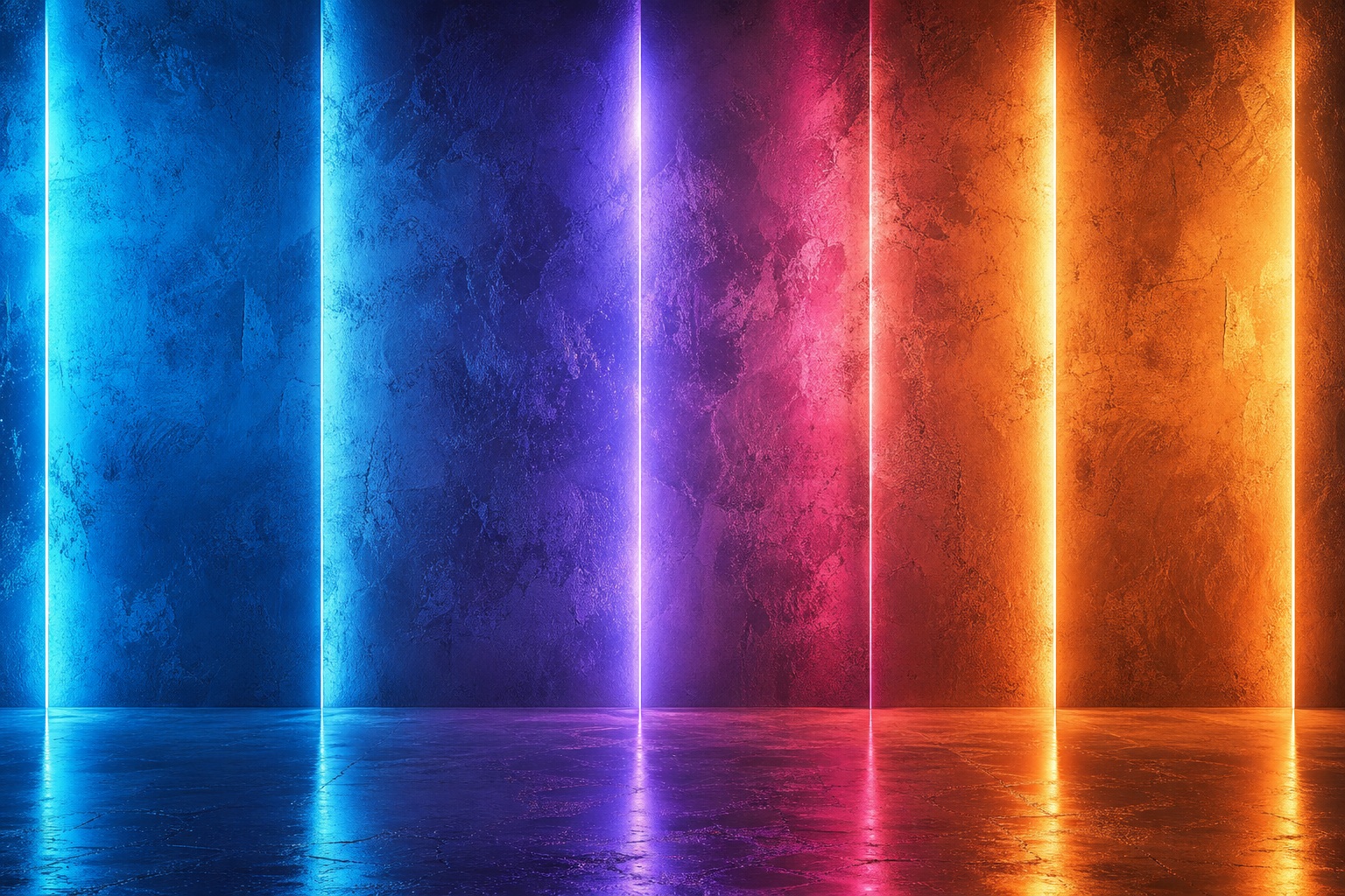Glowing vertical neon light streaks in blue, purple, and orange on a dark background