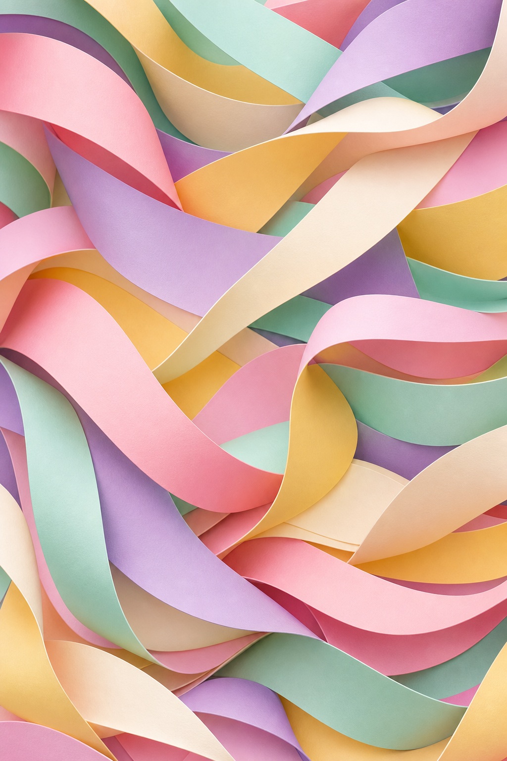 Layered pastel paper ribbons weaving across a colorful abstract background