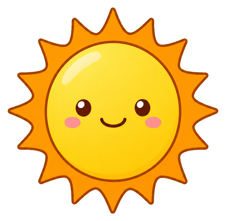 Cute smiling sun with rosy cheeks and orange rays on a white background