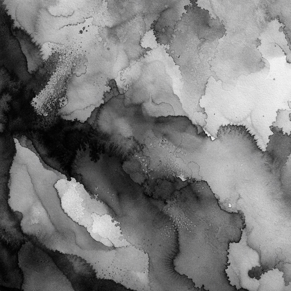 Black and white ink wash with fluid blooms and layered wet paper textures