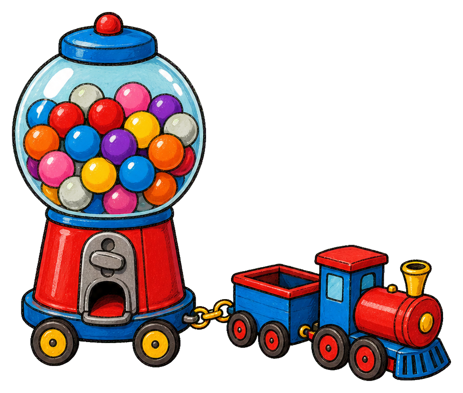 Colorful gumball machine train sticker with a red engine and gumball car