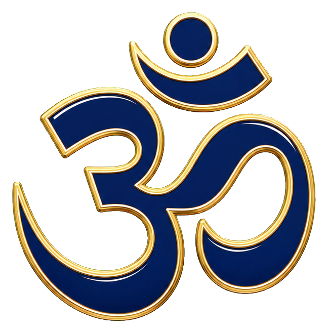 Blue Om symbol with gold enamel outline on a dark background
