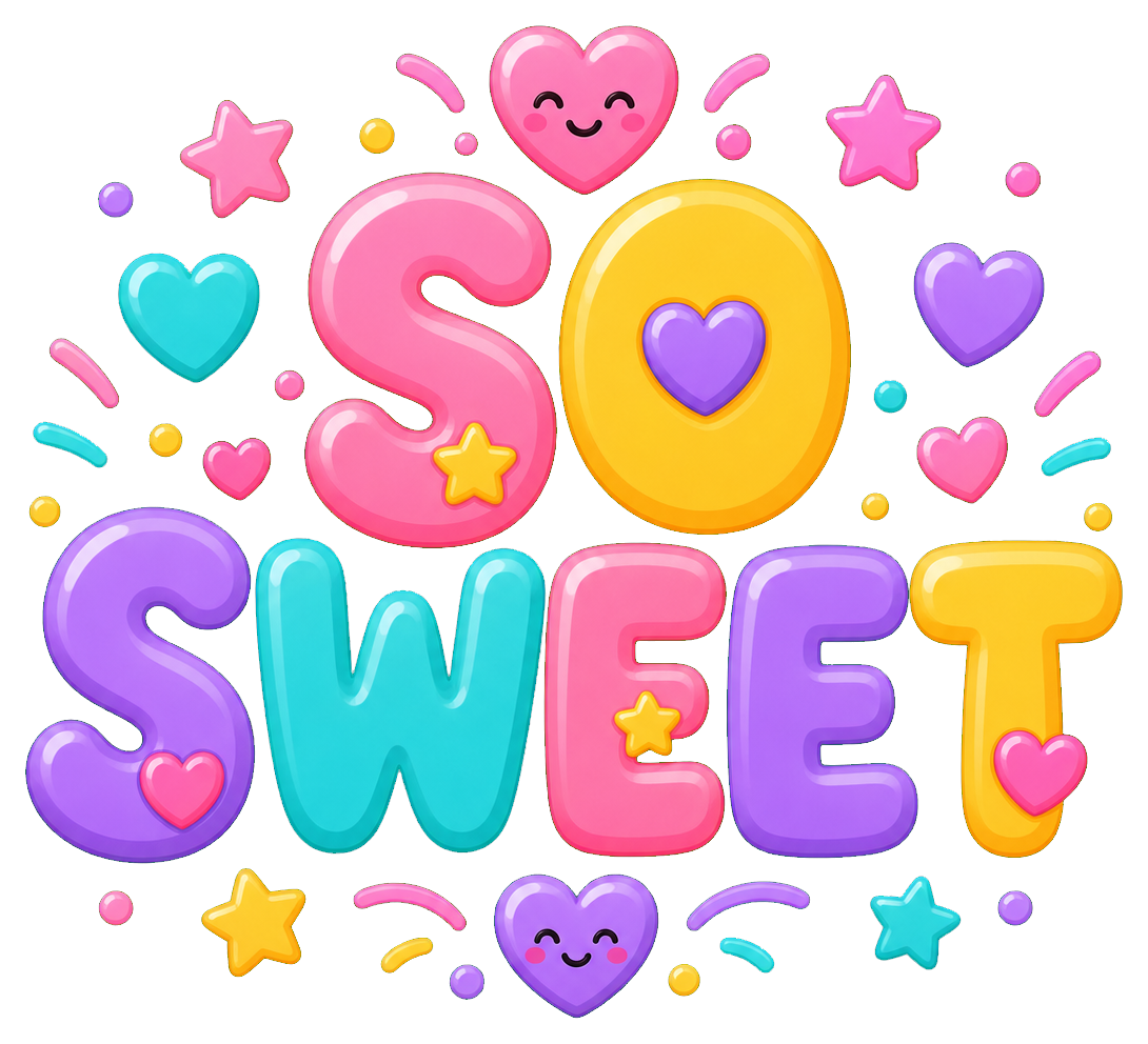Colorful Sweet word art sticker with hearts, stars, and playful bubble letters.