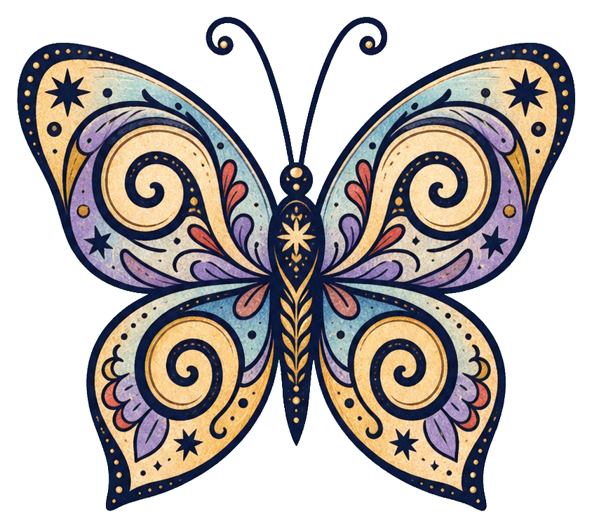 Decorative butterfly with spiral wing patterns and celestial accents