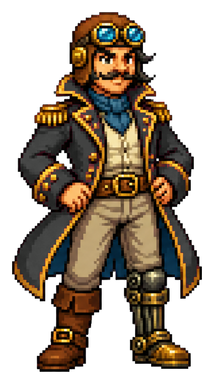 Pixel art sky pirate captain with goggles, coat, and boots standing in a heroic pose.