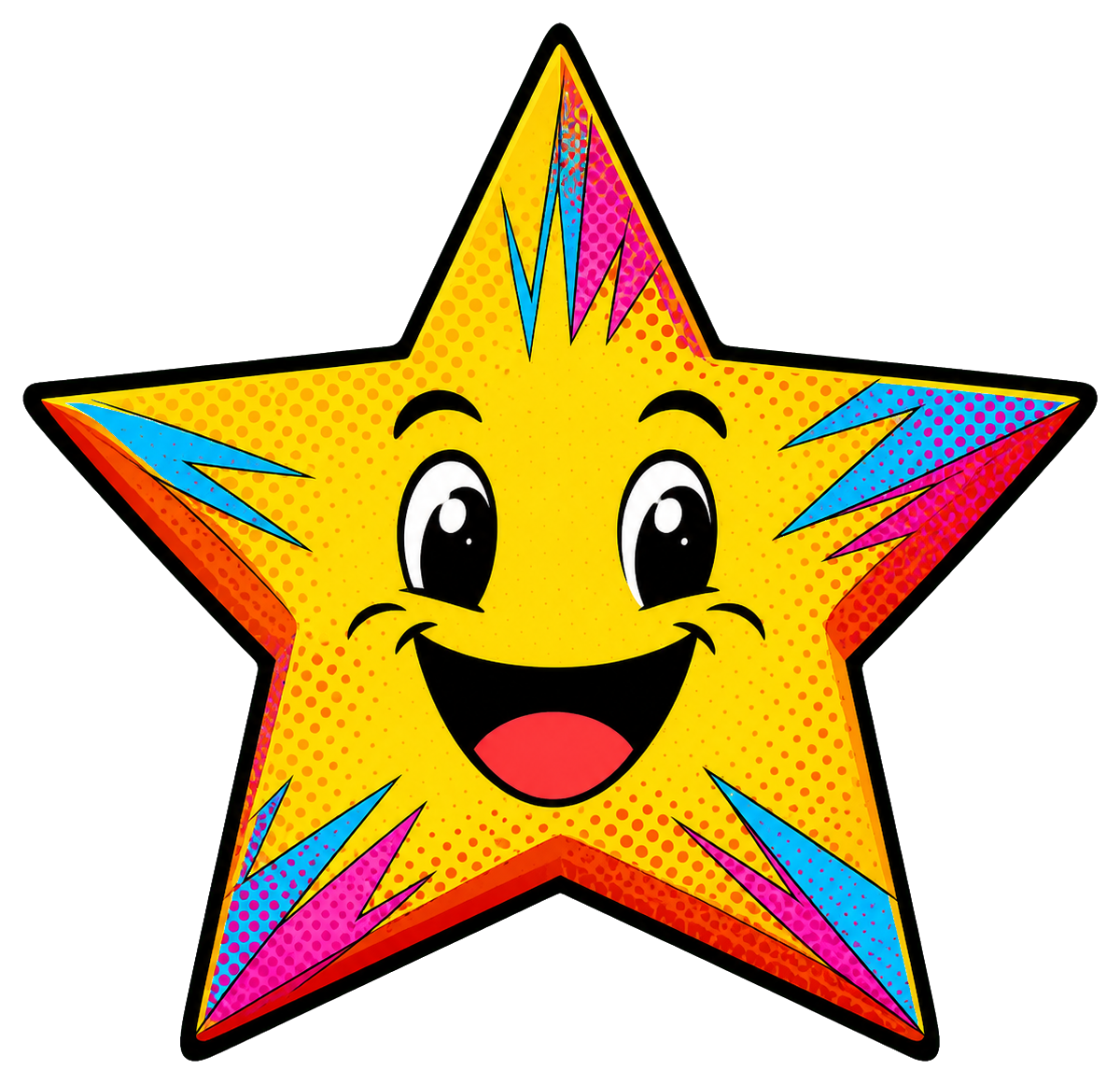 Smiling yellow cartoon star with colorful pop-art edges and a happy face