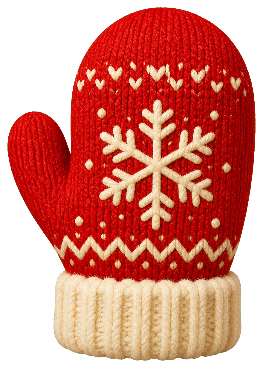 Red knitted mitten with white snowflake and heart pattern